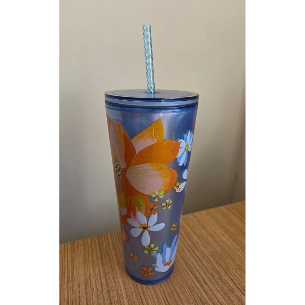 Starbucks 2024 Spring Blue Tumbler w/ Orange & White Floral Design 24oz Venti
